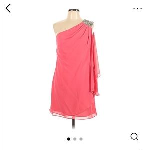 One shoulder melon/coral cocktail dress